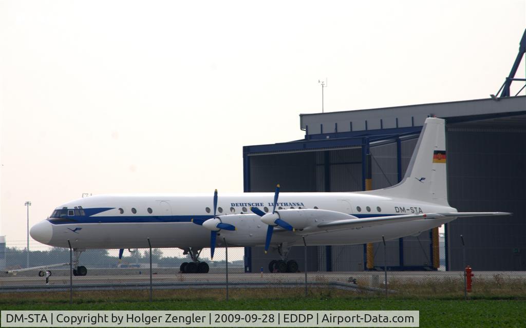 DM-STA, 1960 Ilyushin Il-18V C/N 180001905, Rebirth of an former GDR-Lufthansa-Airplane. After a perfect paint shop in a hangar at Leipzig, this 49 year old prop was presented the first time in the colourscheme of Deutsche Lufthansa. The former Deutsche Lufthansa (GDR) was founded in 1955. 