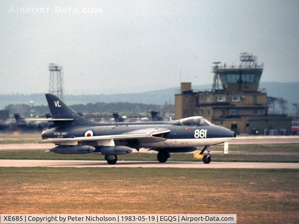 XE685, 1955 Hawker Hunter GA.11 C/N HABL-003028, Hunter GA.11 of FRADU - Fleet Requirements and Air Direction Unit - at Lossiemouth in May 1983.