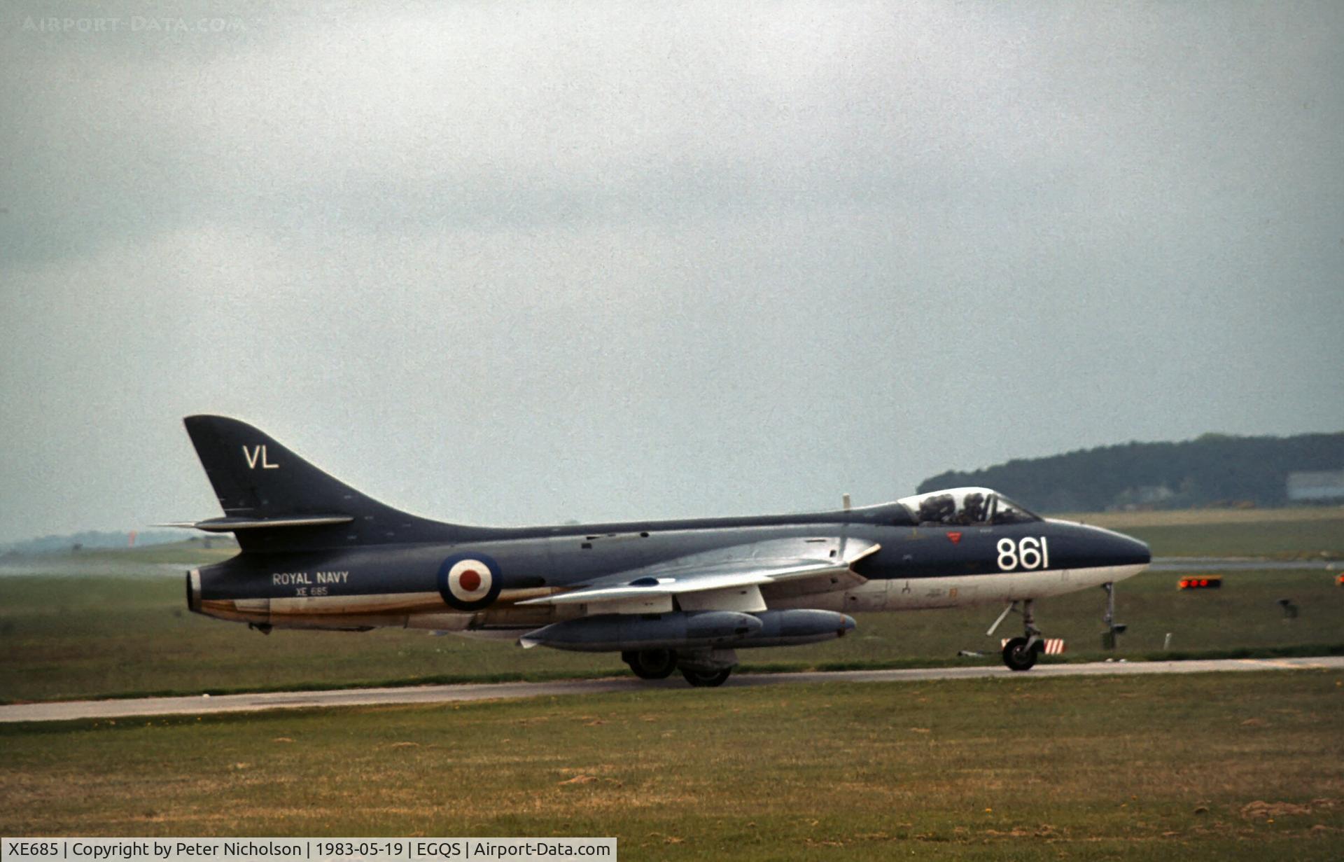 XE685, 1955 Hawker Hunter GA.11 C/N HABL-003028, FRADU Hunter GA.11 awaiting clearance to join the active runway at Lossiemouth in May 1983.