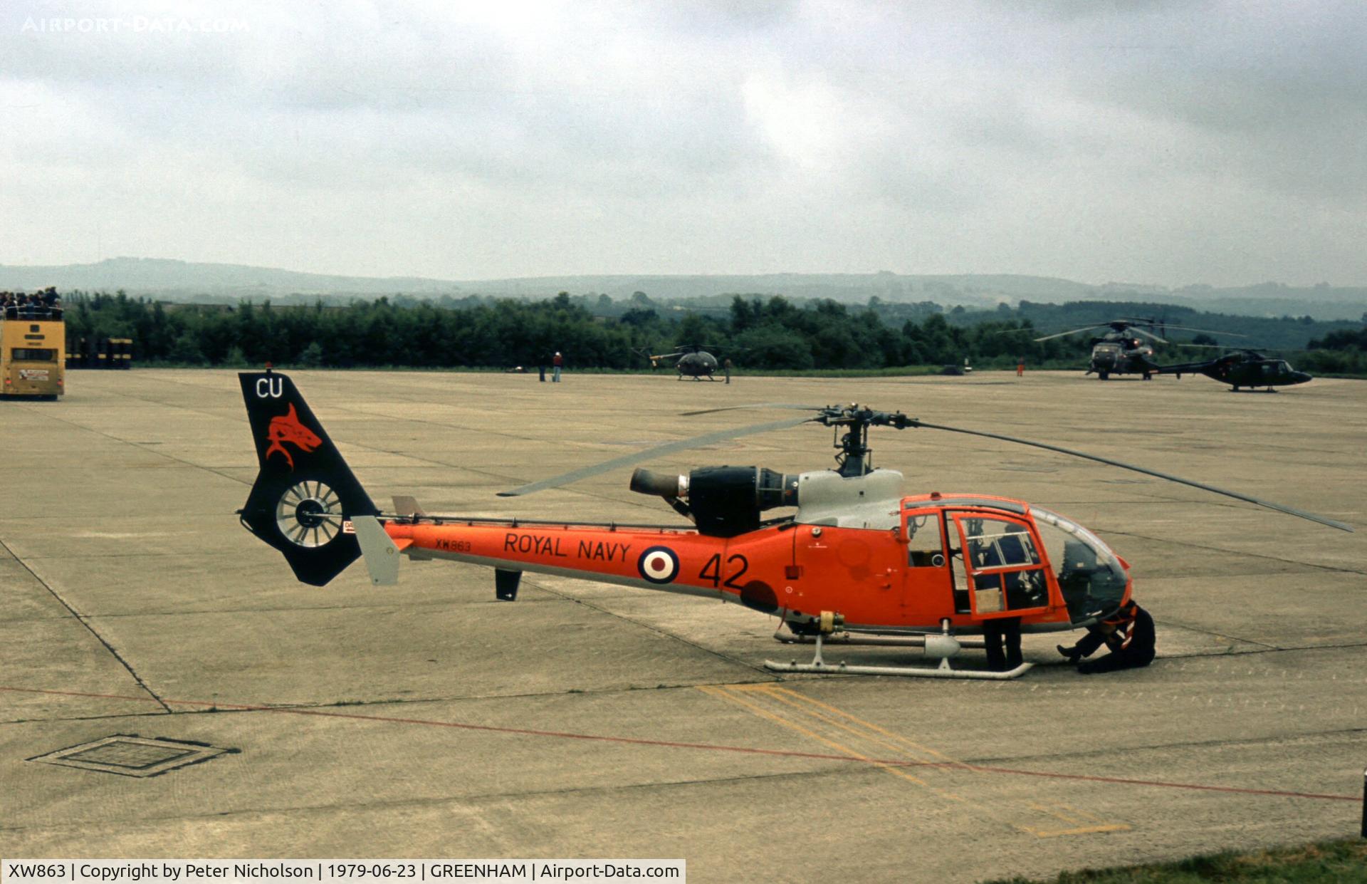 XW863, 1973 Westland SA-341C Gazelle HT2 C/N WA1114, Gazelle HT.2 of 705 Squadron's Sharks display team at the 1979 Intnl Air Tattoo at RAF Greenham Common.