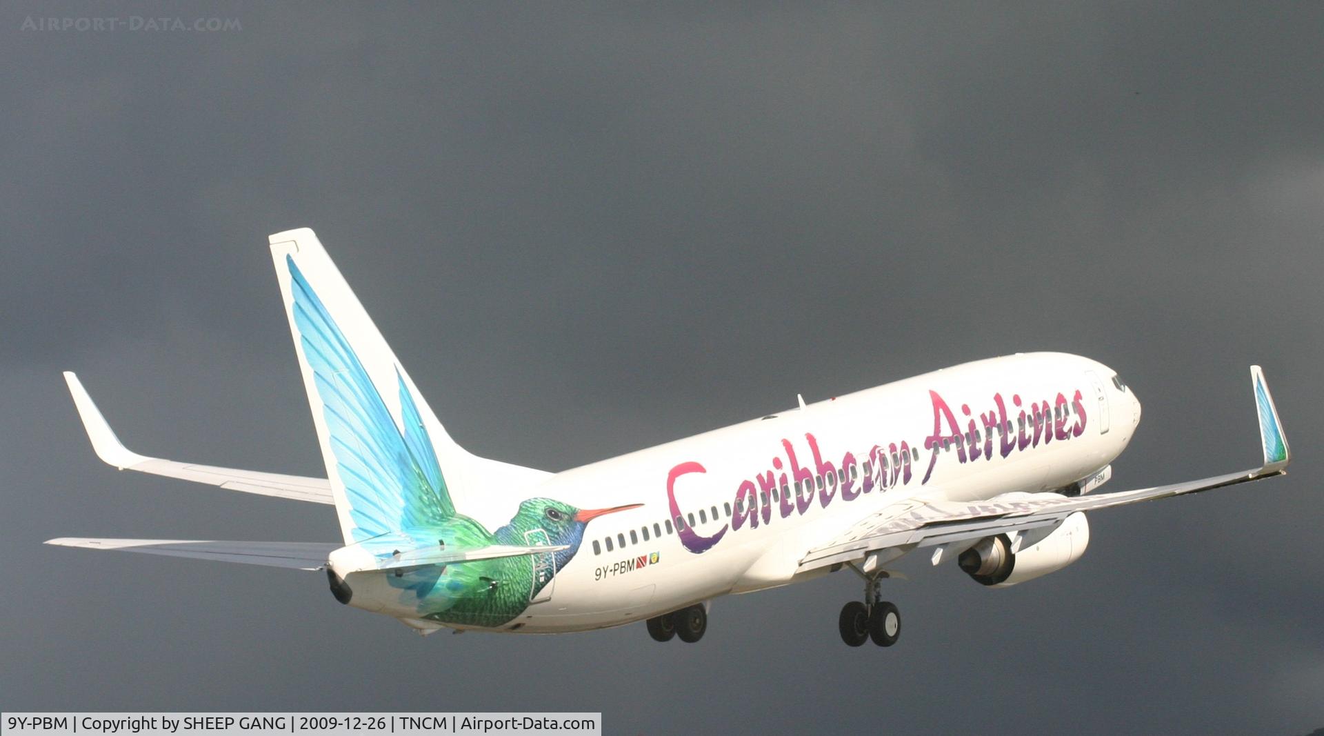 9Y-PBM, 2007 Boeing 737-8BK C/N 29635, Caribbean airlines 9Y-PBM DEPARTING ON RUNWAY 10 WITH SOME HEVY RAIN SHOWERS IN SIGHT