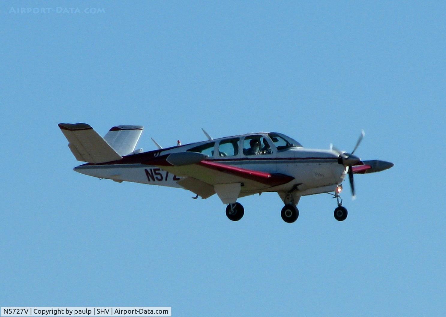 N5727V, 1966 Beech V35 Bonanza C/N D-8186, Landing on runway 23 at the Shreveport Regional airport.