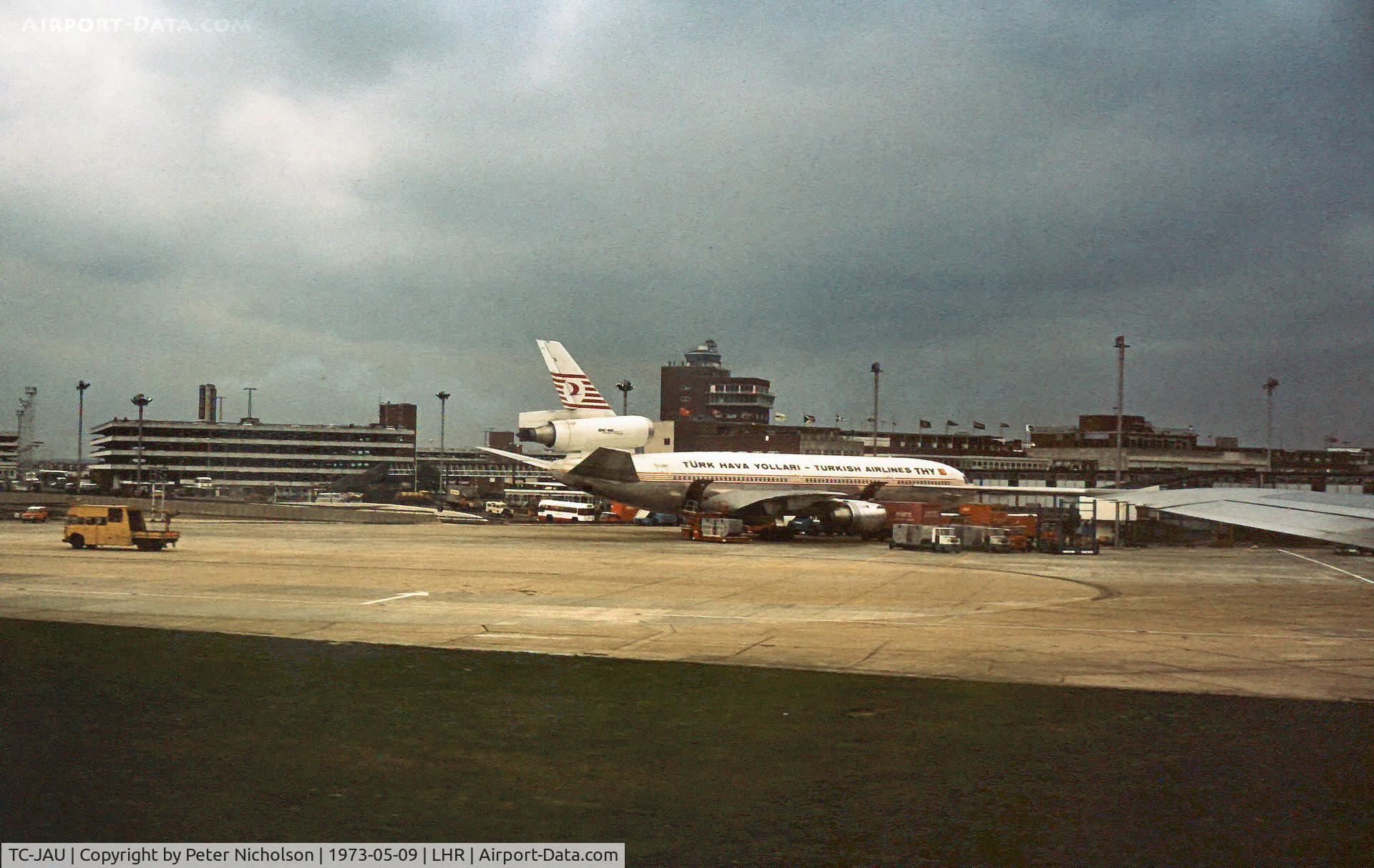 TC-JAU, 1972 McDonnell Douglas DC-10-10F C/N 46705, Later converted to a freighter with FedEx, Turkish Airline THY operated this DC-10 as seen at Heathrow in May 1973.