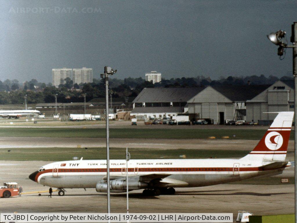 TC-JBD, 1958 Boeing 707-121B C/N 17591, Boeing 707-121B of Turkish airline THY on push-back for departure from Heathrow in September 1974.