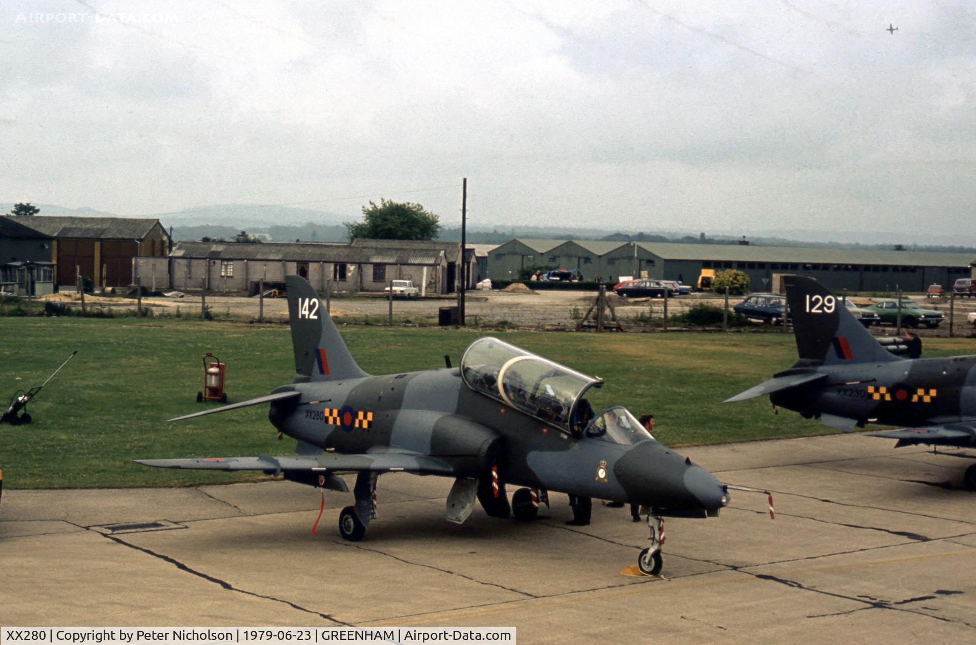 XX280, 1979 Hawker Siddeley Hawk T.1A C/N 105/312105, Hawk T.1 of 63 Squadron/1 Tactical Weapons Unit on display at the 1979 Intnl Air Tattoo at RAF Greenham Common.