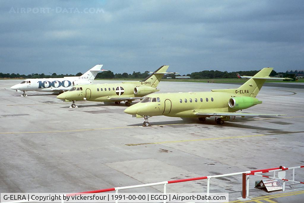G-ELRA, 1990 British Aerospace BAe.125-1000B C/N 259003, The three 125-1000 development aircraft lined up on the apron outside my office window.