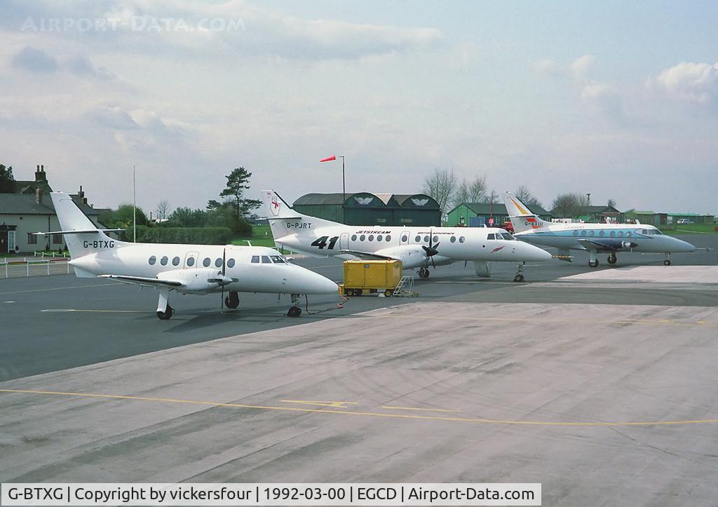 G-BTXG, 1986 British Aerospace BAe-3102 Jetstream 31 C/N 719, Family photo staged on the apron at Woodford: Jetstream 200 G-AXUI, J31 G-BTXG and finally the new addition to the family J41 G-PJRT.
