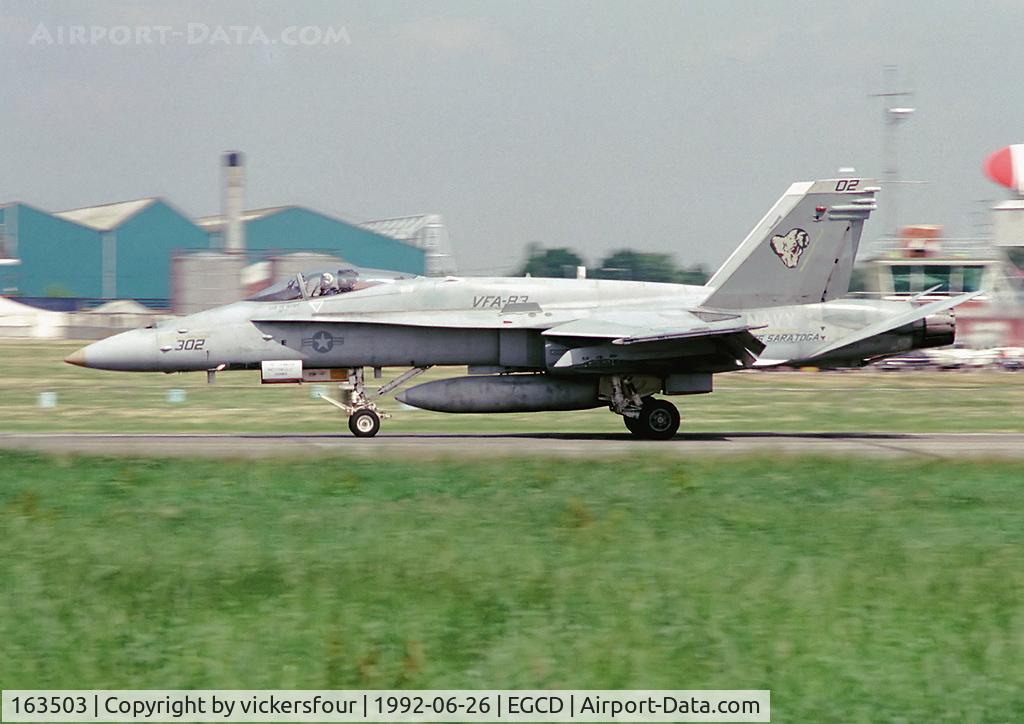 163503, 1988 McDonnell Douglas F/A-18C Hornet C/N 0746/C056, Arriving for the Woodford Air Show 1992. F/A-18A from US Navy VF-83 coded '302'.