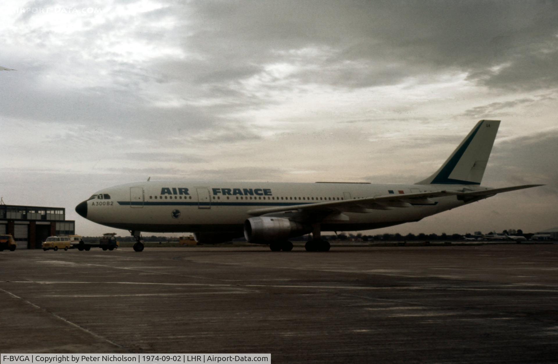 F-BVGA, Airbus A300B2-1C C/N 5, Air France Airbus A300 at Heathrow in September 1974.
