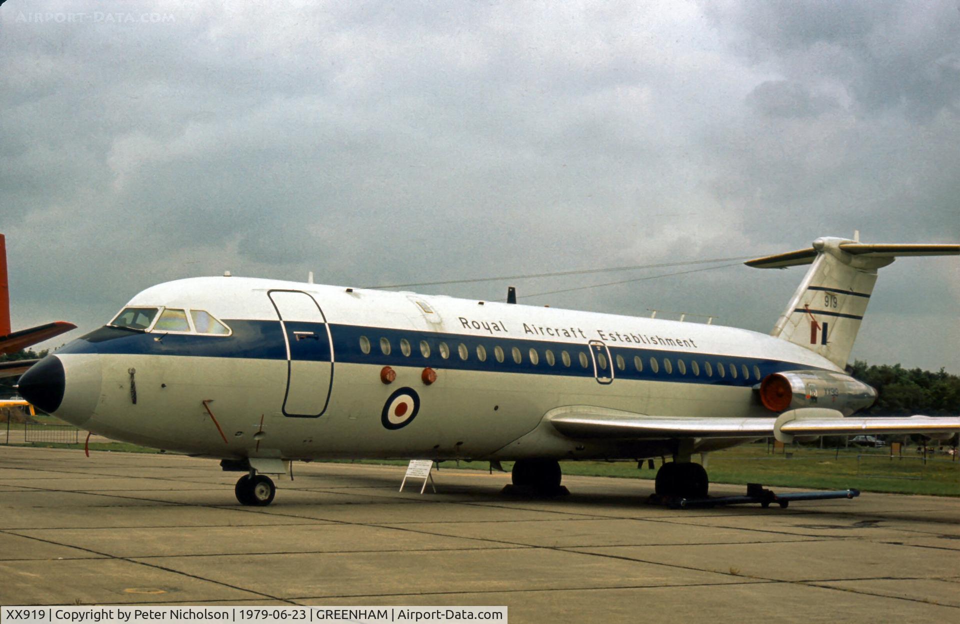 XX919, 1966 BAC 111-402AP One-Eleven C/N BAC.091, One Eleven equipped as a flying laboratory for the Royal Aircraft Establishment's Avionics Flight at Farnborough on display at the 1979 Intnl Air Tattoo at RAF Greenham Common.
