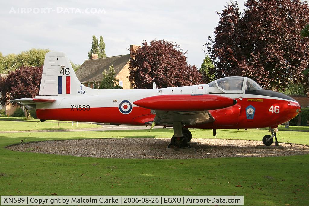 XN589, 1961 Hunting P-84 Jet Provost T.3A C/N PAC/W/12191, Hunting P-84 Jet Provost T3; the gate guardian at RAF Linton-on-Ouse, UK.