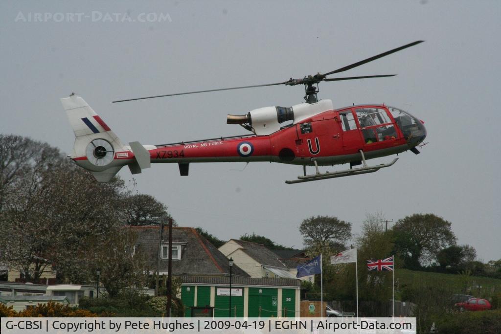 G-CBSI, 1978 Westland SA-341D Gazelle HT3 C/N WA1736, G-CBSI still marked as XZ934/U landing at Sandown, Isle of Wight