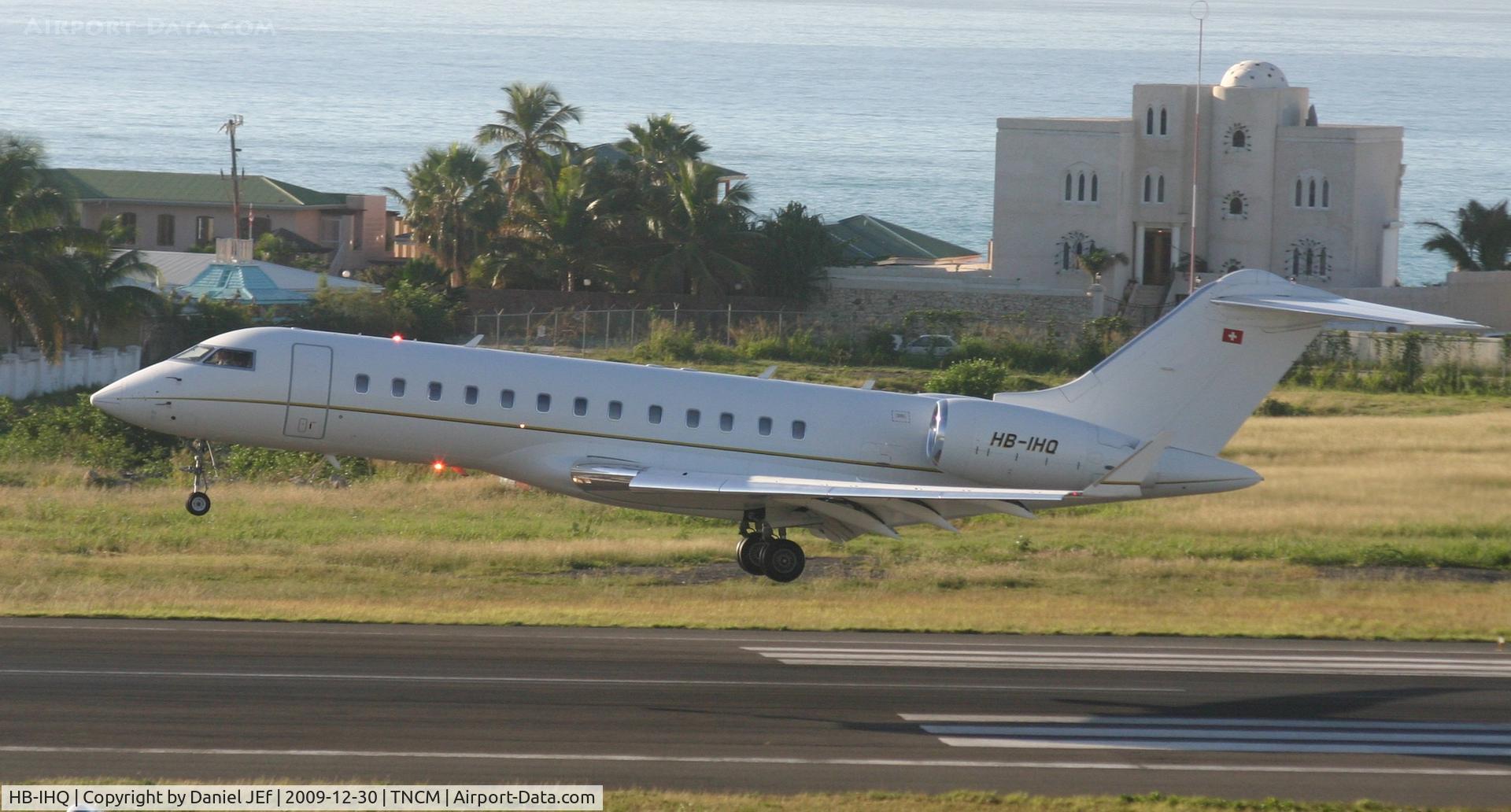HB-IHQ, 1998 Bombardier BD-700-1A10 Global Express C/N 9011, HB-IHQ making an early morning landing at TNCM runway 10