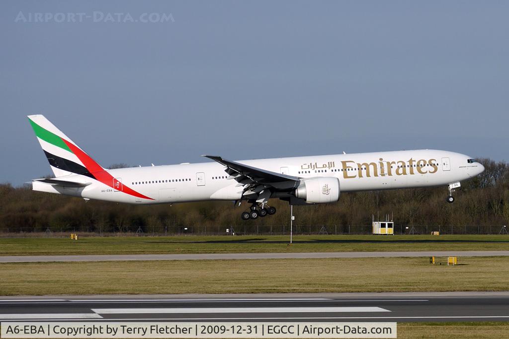 A6-EBA, 2005 Boeing 777-31H/ER C/N 32706, Emirates B777 landing at Manchester