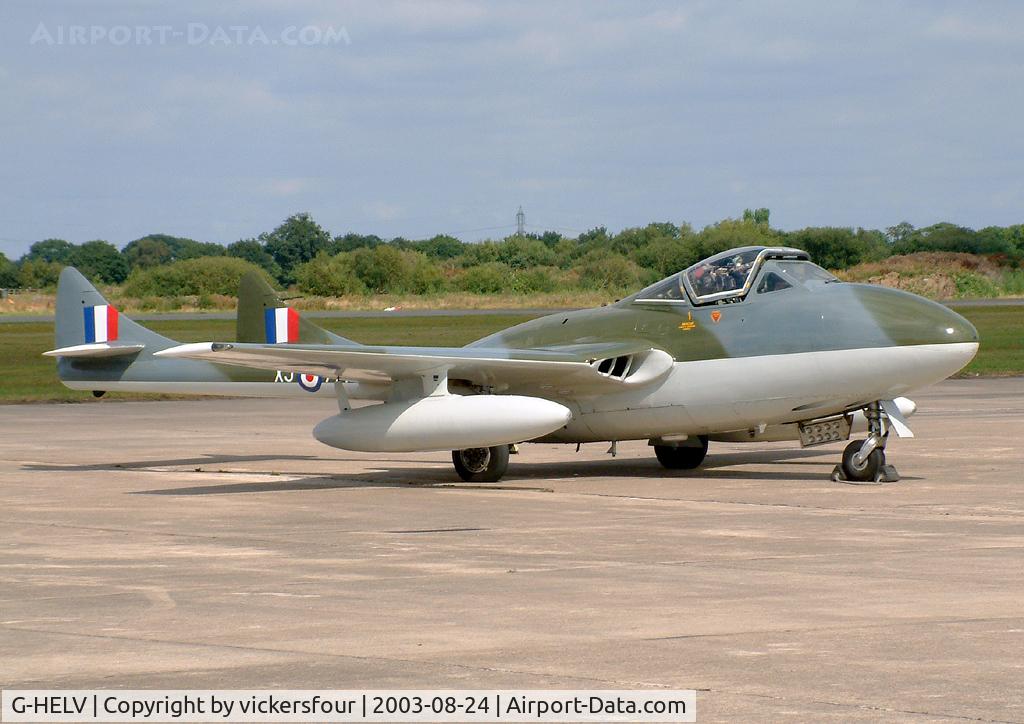 G-HELV, 1958 De Havilland (F+W Emmen) Vampire T.55 (DH-115) C/N 975, Elvington Air Show 2003.