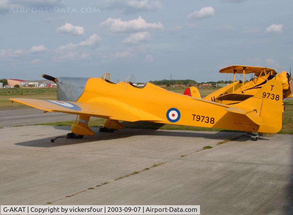 G-AKAT, 1940 Miles M14A Hawk Trainer 3 C/N 2005, Breighton. Privately owned. Wears RAF marks and its former serial T9738.