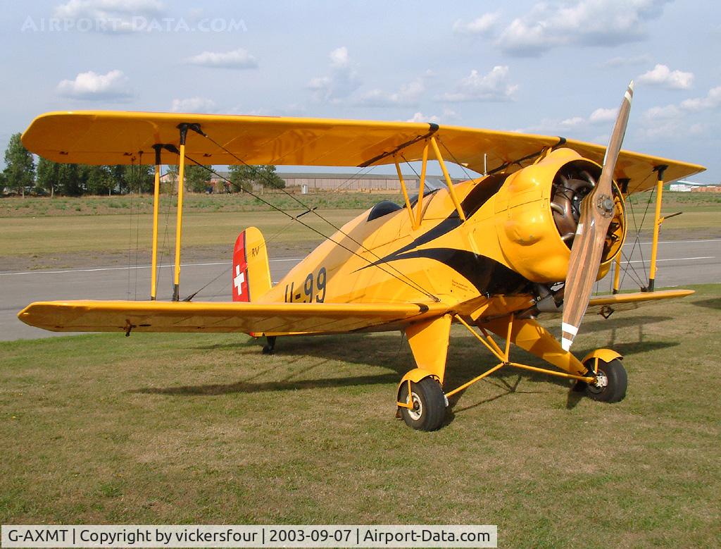G-AXMT, 1938 Bucker Bu-133C Jungmeister C/N 46, Breighton. Privately owned. Wears Swiss Air Force marks with serial U-99.