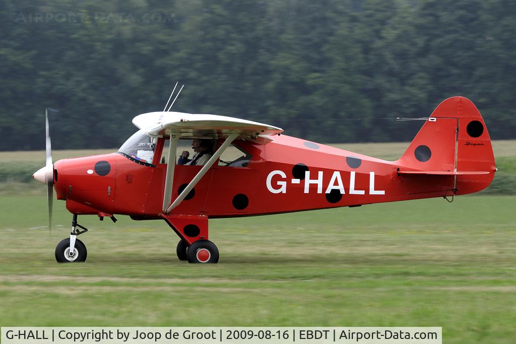 G-HALL, 1960 Piper PA-22-160 Tri Pacer C/N 22-7423, vortices streaming off the prop during this take off run in damp