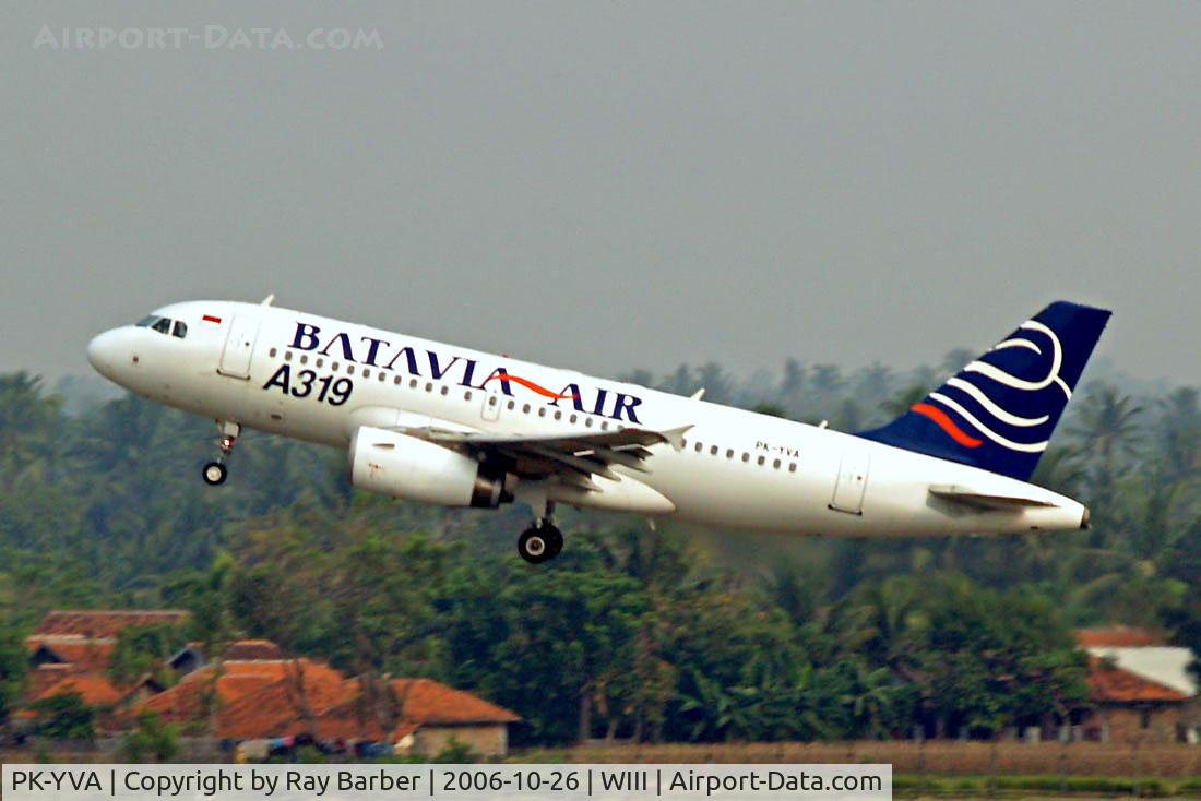 PK-YVA, 2005 Airbus A319-133 C/N 2648, Airbus A319-133 [2648] (Batavia Air) Jakarta - Soekarno Hatta International~PK 26/10/2006. Seen departing taken through the glass of the hotel room.