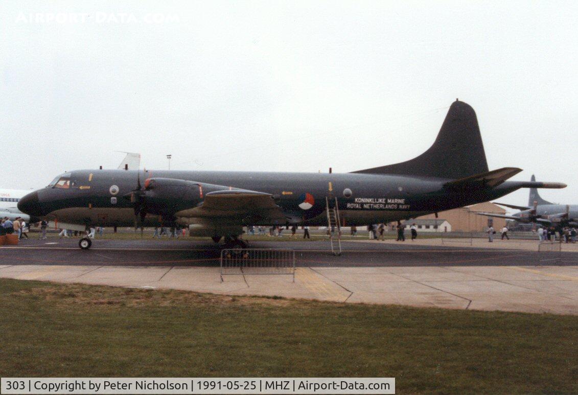 303, Lockheed P-3C Orion C/N 285E-5745, P-3C Orion of 320 Squadron Royal Netherlands Navy on display at the 1991 RAF Mildenhall Air Fete.