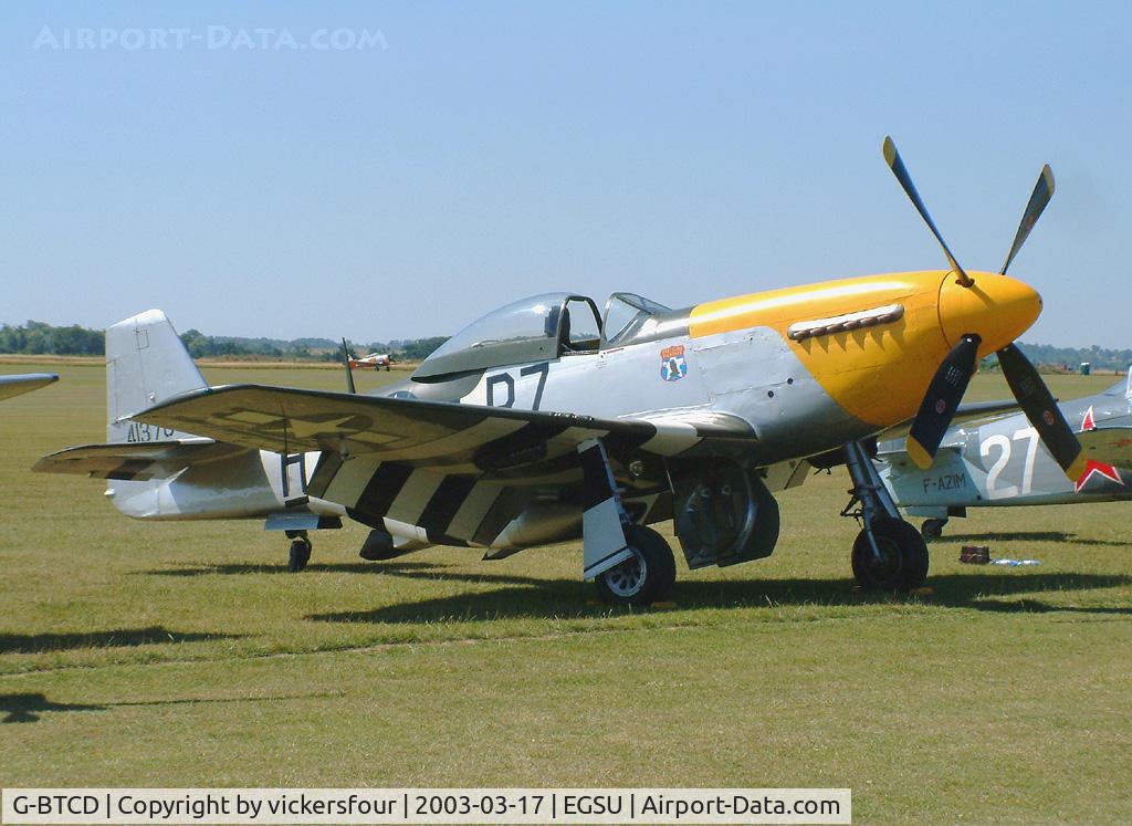 G-BTCD, 1944 North American P-51D Mustang C/N 122-39608, Old Flying Machine Company. Wears USAAF 361 FG markings, coded 'B7-H' with serial '413704'. Actual serial is 44-73149.