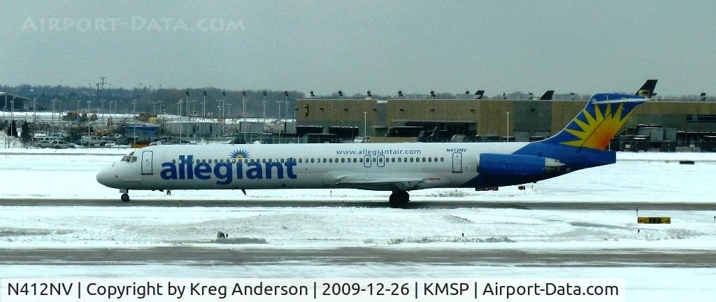 N412NV, 1989 McDonnell Douglas MD-88 C/N 49759, Taxiing to runway 34 at MSP. This rare Allegiant Air charter is headed to Laughlin, NV.