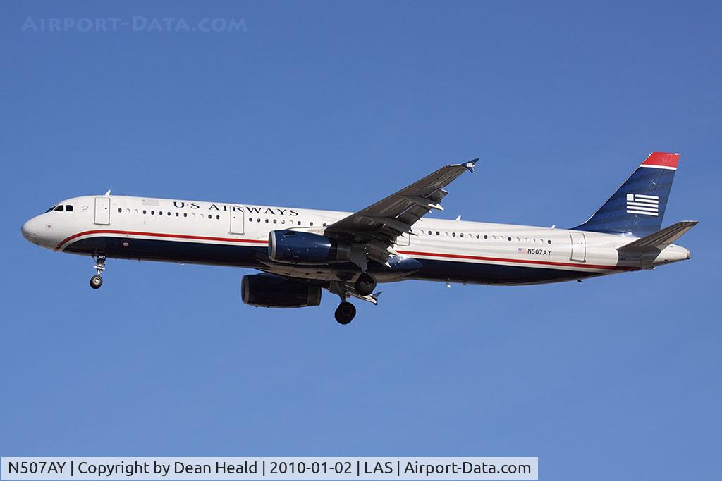 N507AY, 2008 Airbus A321-231 C/N 3712, US Airways N507AY (FLT AWE391) from Charlotte/Douglas Int'l (KCLT) on final approach to RWY 25L.