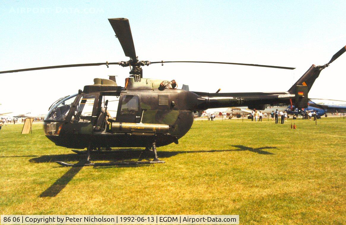 86 06, MBB Bo.105P C/N 6006, MBB Bo.105P. callsign Mission BW, of the Army Aviation Weapons School - HFWS - on display at the 1992 Boscombe Down Air Tournament Intnl.