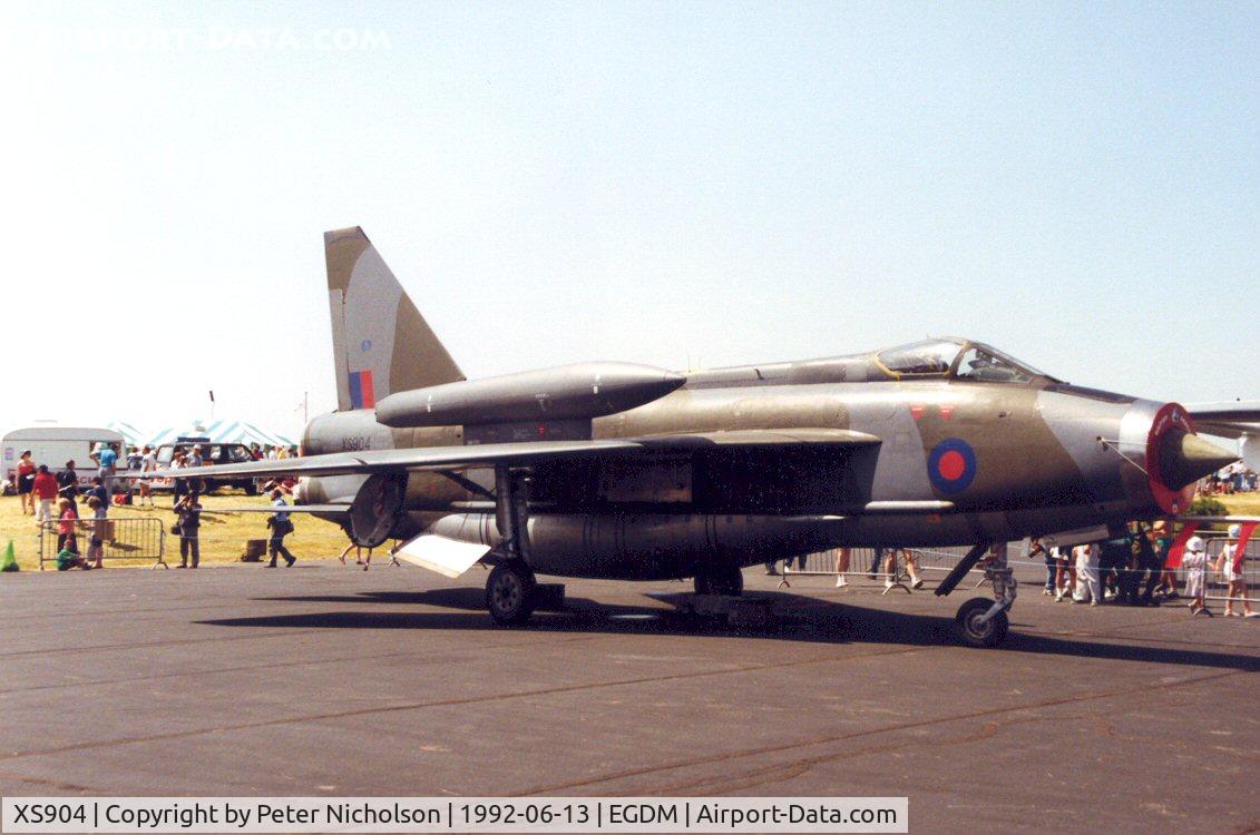 XS904, 1966 English Electric Lightning F.6 C/N 95250, Lightning F.6, callsign Tarnish 5, operated by British Aerospace on display at the 1992 Air Tournament Intnl at Boscombe Down - a year later it was preserved at Bruntingthorpe.