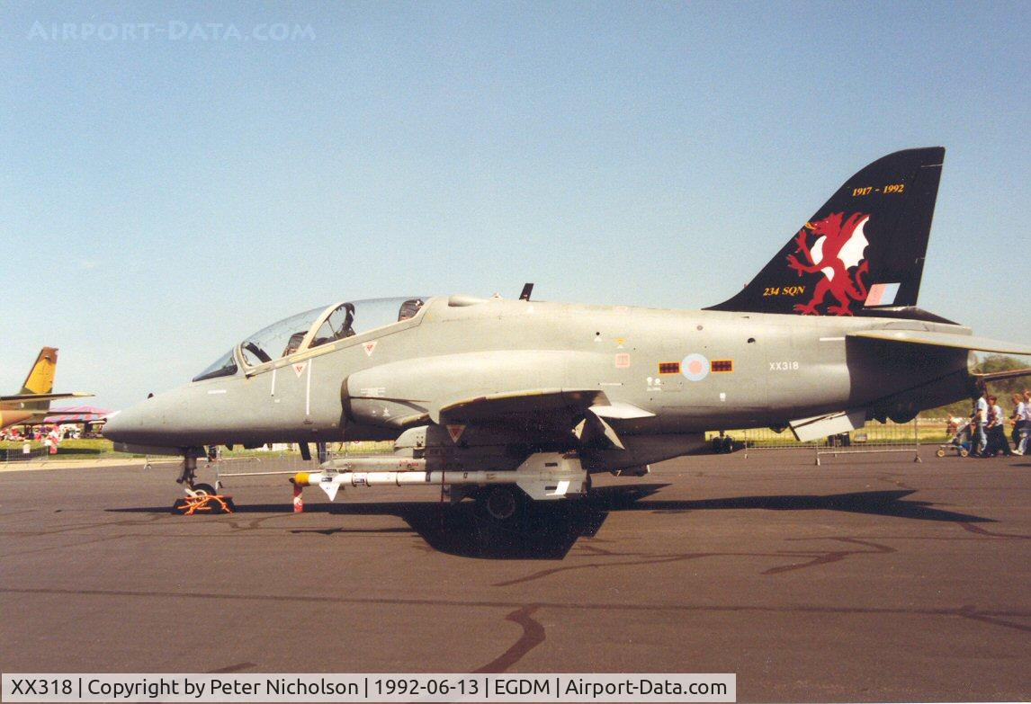 XX318, 1980 Hawker Siddeley Hawk T.1A C/N 160/312143, Hawk T.1A of 234 Squadron, in 75th anniversary markings, on display at the 1992 Air Tournament Intnl at Boscombe Down.
