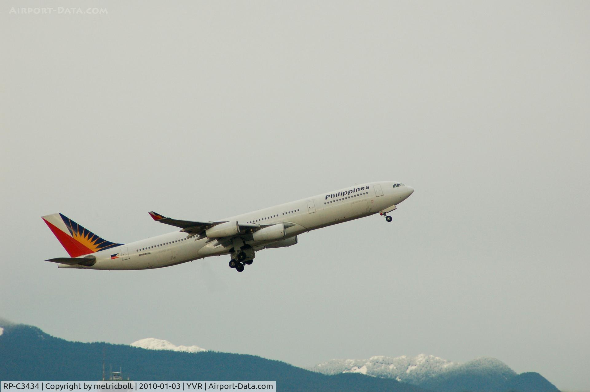 RP-C3434, 1997 Airbus A340-313X C/N 196, takeoff from YVR on a cold Jan. afternoon