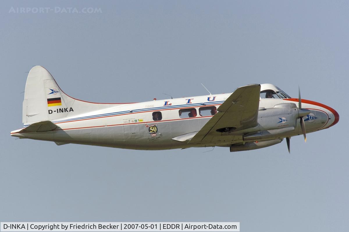 D-INKA, 1949 De Havilland DH-104 Devon C.2 C/N 04266, climb out after departure