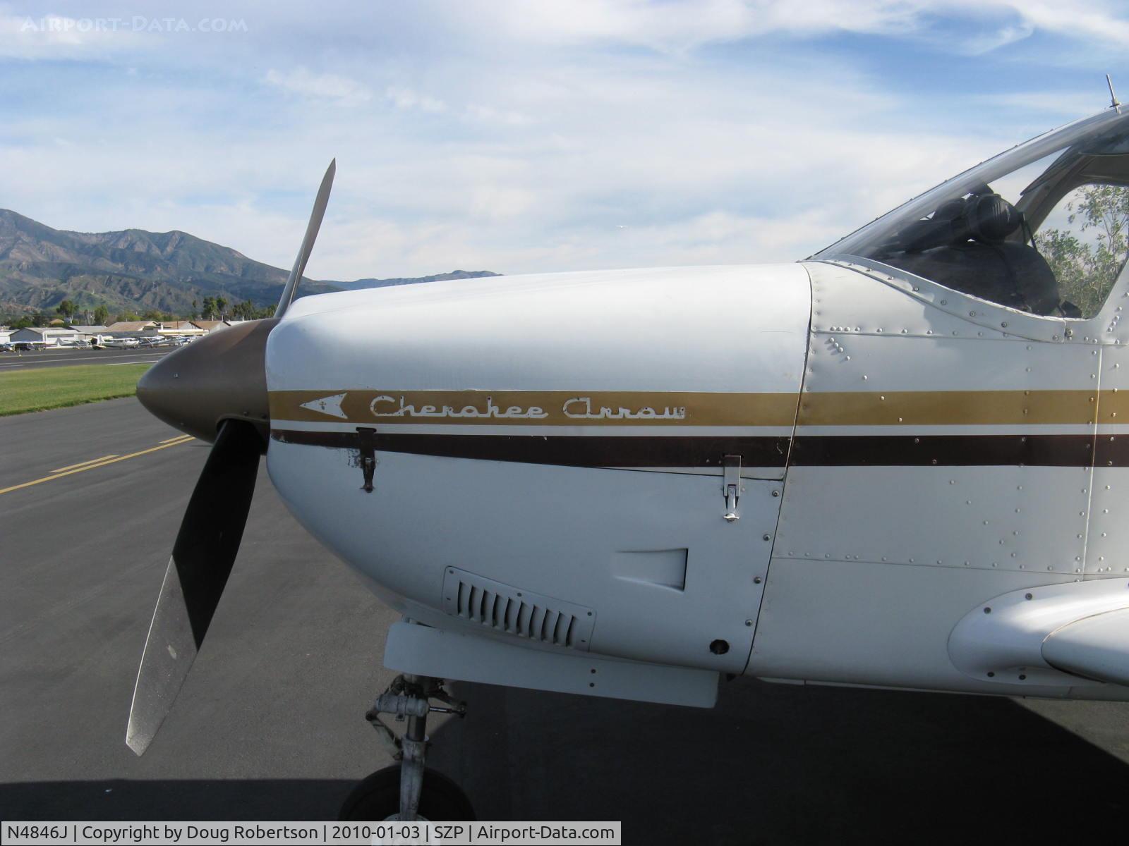 N4846J, 1968 Piper PA-28R-180 Cherokee Arrow C/N 28R-30610, 1968 Piper PA-28R-180 ARROW, Lycoming IO-360-B1E 180 Hp, early cowl logo-the retractible gear Arrow stemmed from the Cherokee design and type certificate but use of 'Cherokee Arrow' was early and brief-just too much for ATC to put up with.