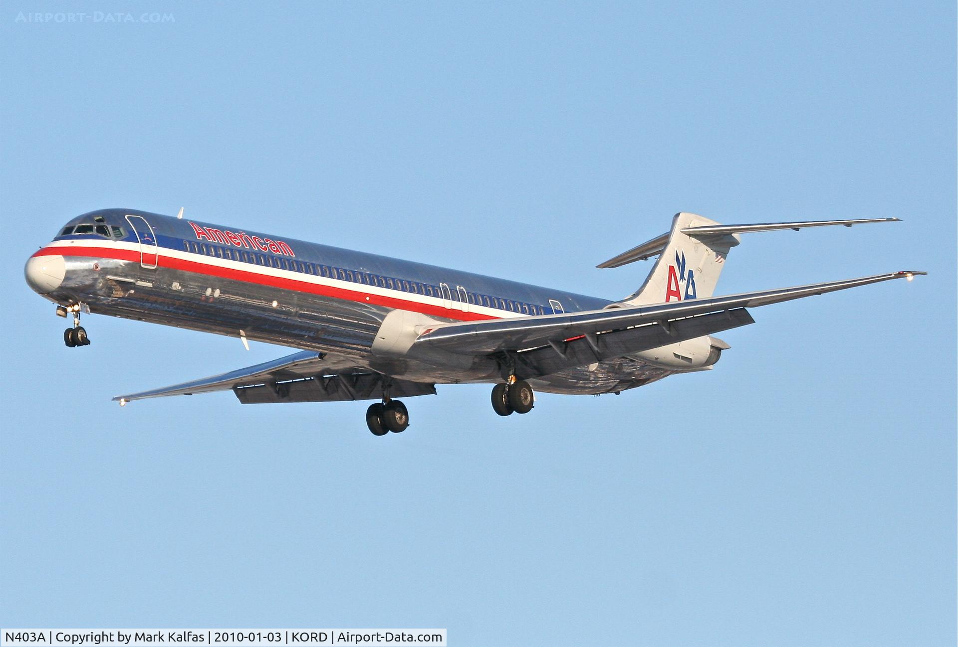 N403A, 1986 McDonnell Douglas MD-82 (DC-9-82) C/N 49314, American Airlines MD-82, AAL2337, arriving KORD RWY 28 from KBOS.