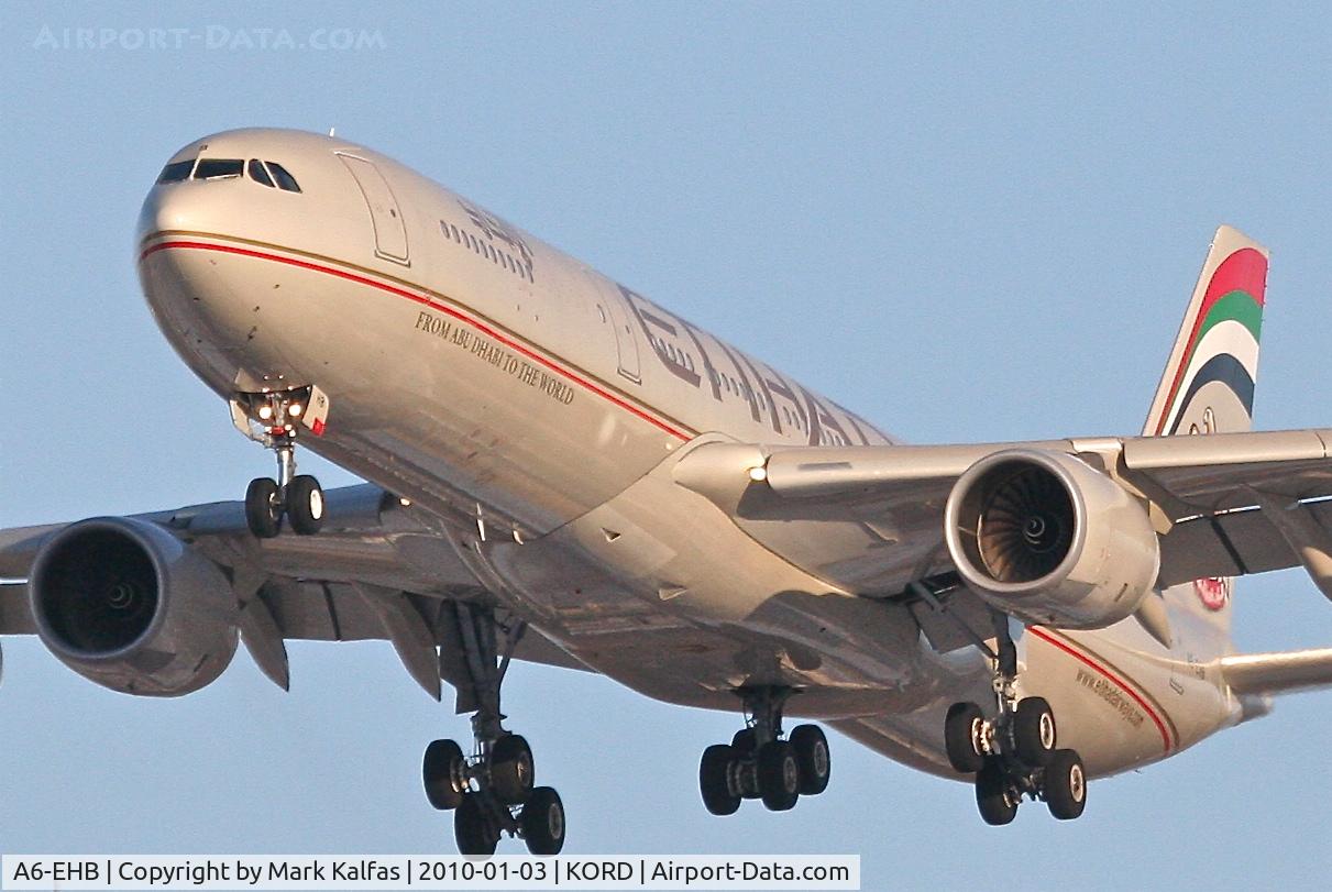 A6-EHB, 2006 Airbus A340-541 C/N 757, Etihad Airways A340-541, ETD151, arriving KORD RWY 28 from OMAA (Abu Dhabi).