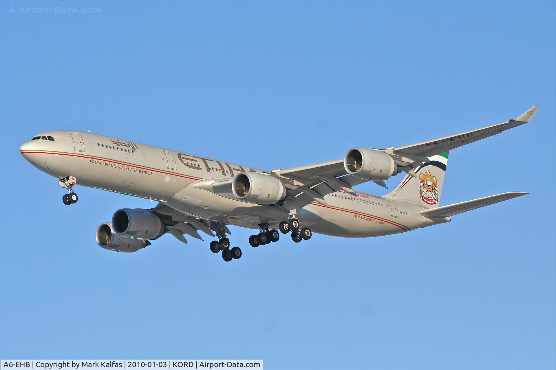A6-EHB, 2006 Airbus A340-541 C/N 757, Etihad Airways A340-541, ETD151, arriving KORD RWY 28 from OMAA (Abu Dhabi).