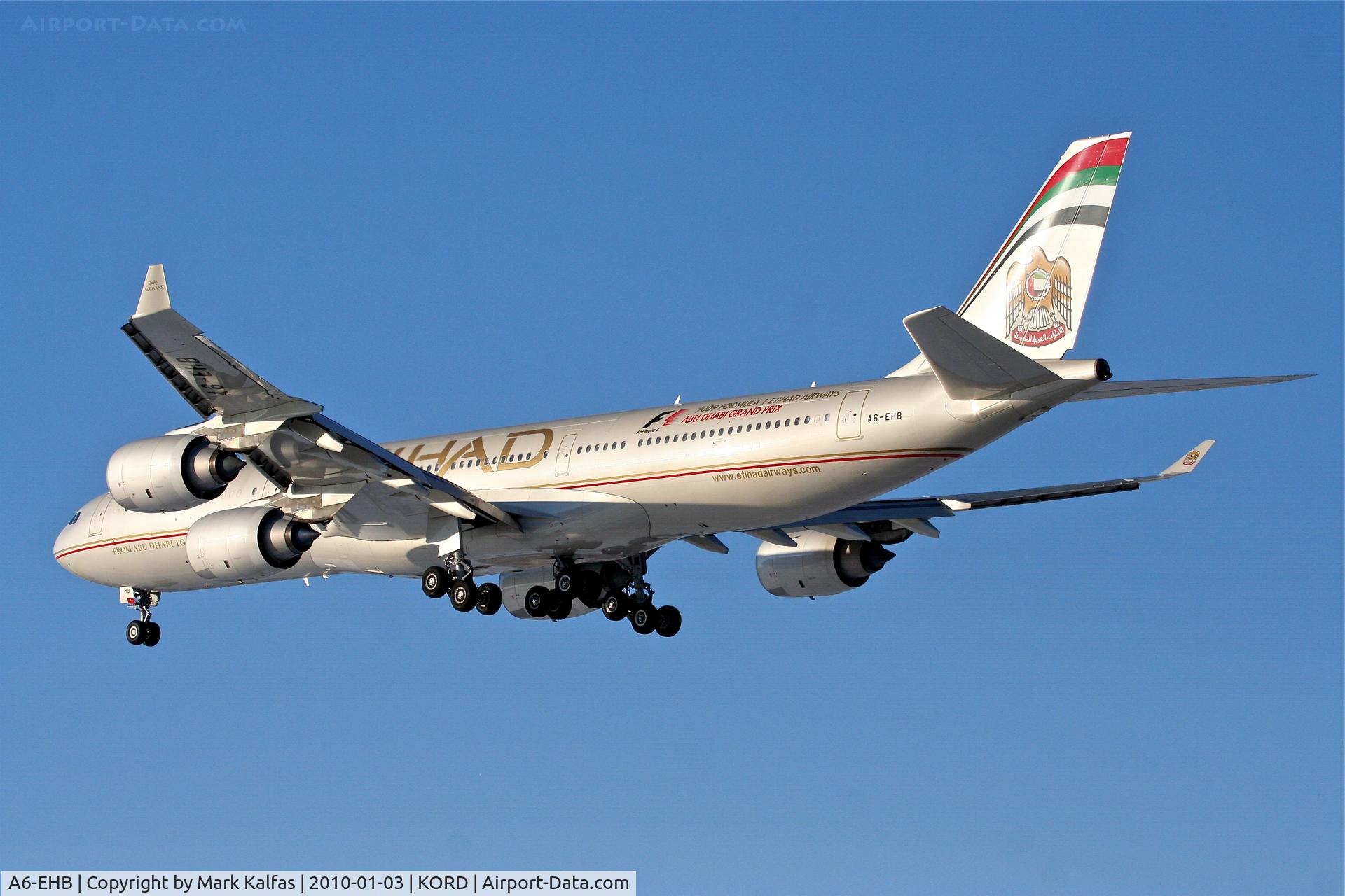 A6-EHB, 2006 Airbus A340-541 C/N 757, Etihad Airways A340-541, ETD151, arriving KORD RWY 28 from OMAA (Abu Dhabi).