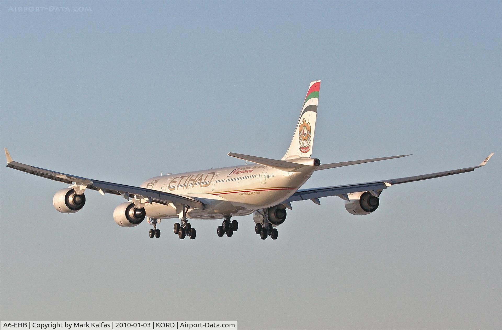 A6-EHB, 2006 Airbus A340-541 C/N 757, Etihad Airways A340-541, ETD151, arriving KORD RWY 28 from OMAA (Abu Dhabi).