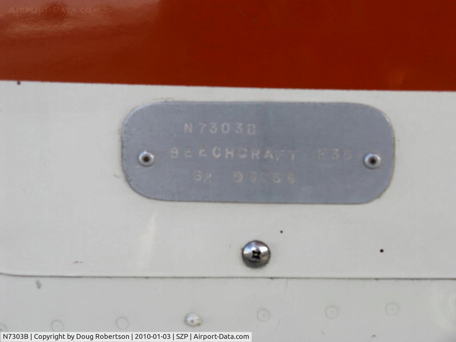 N7303B, 1954 Beech E35 C/N D-3766, 1954 Beech E35 BONANZA, Continental E-225-8 225 Hp for one minute at takeoff, data plate