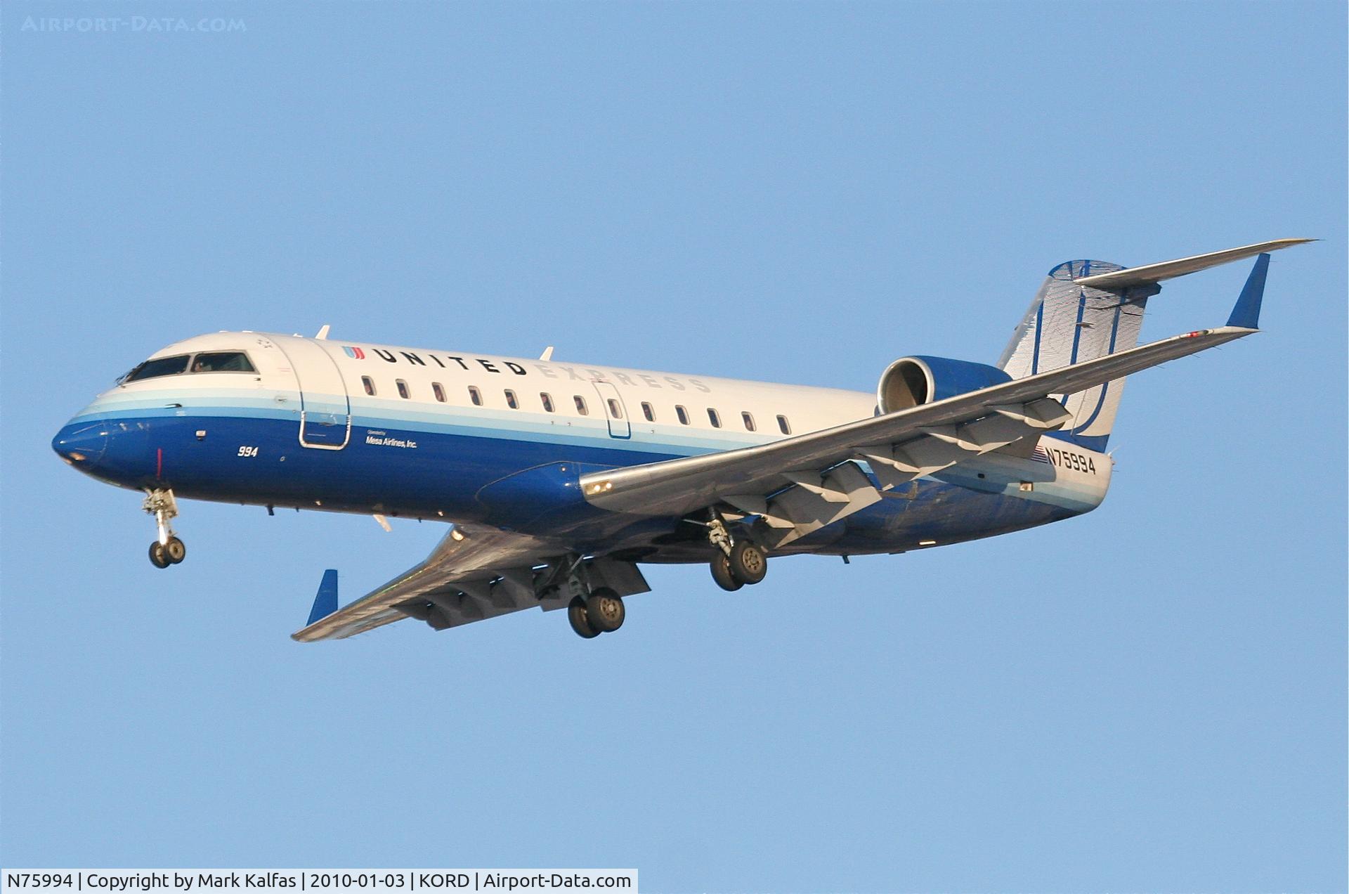 N75994, 2000 Bombardier CRJ-200ER (CL-600-2B19) C/N 7367, Mesa Airlines/United Express CRJ2, ASH7008, arriving RWY 28 KORD from KDSM.