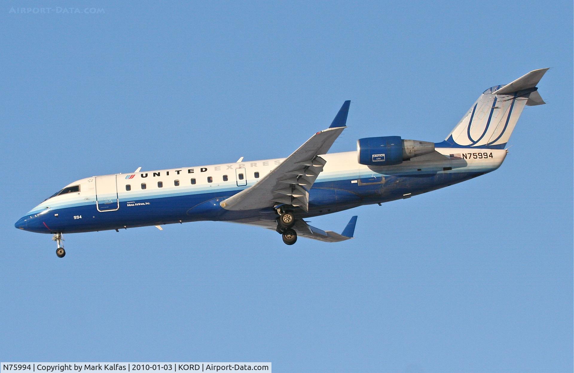 N75994, 2000 Bombardier CRJ-200ER (CL-600-2B19) C/N 7367, Mesa Airlines/United Express CRJ2, ASH7008, arriving RWY 28 KORD from KDSM.