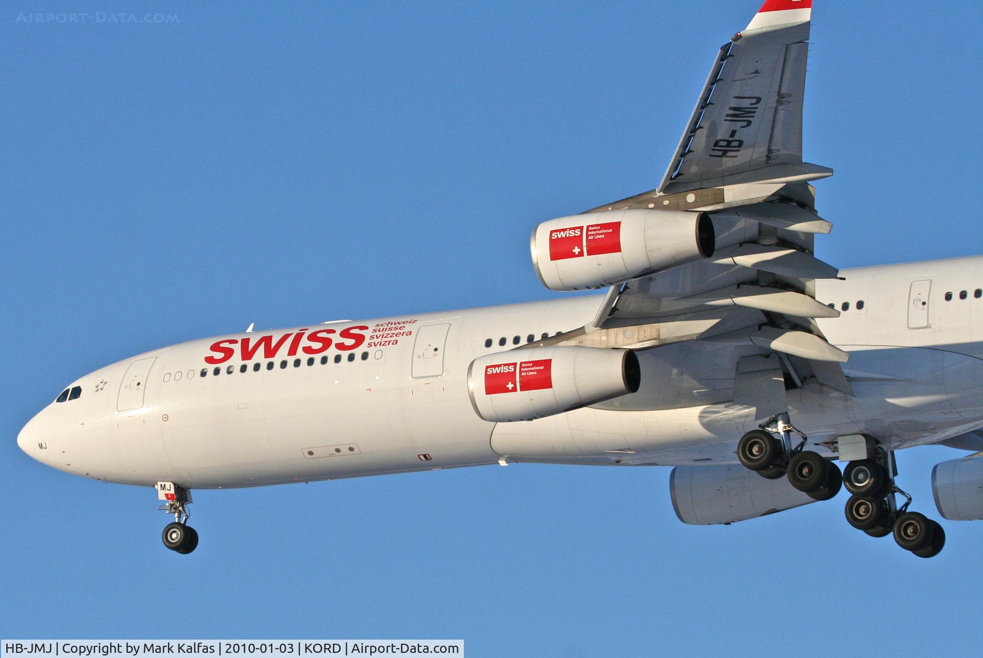 HB-JMJ, 1996 Airbus A340-313X C/N 150, Swissair A340-313, SWR84T, arriving KORD RWY28 KORD from LSZH (Zurich).