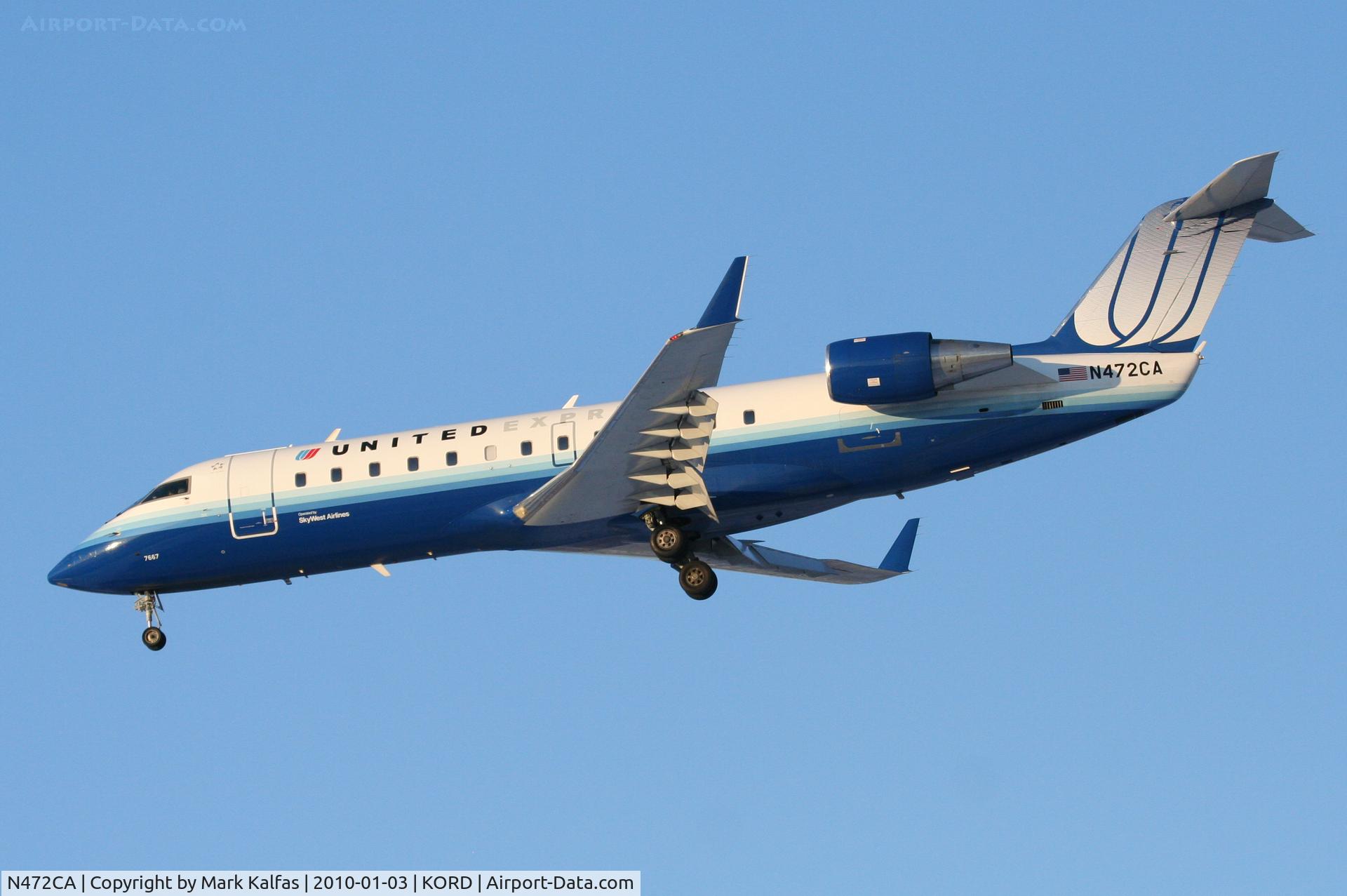N472CA, 2002 Bombardier CRJ-200ER (CL-600-2B19) C/N 7667, SkyWest/United Express CRJ2, SKW6450, arriving RWY 28 KORD from KLNK.