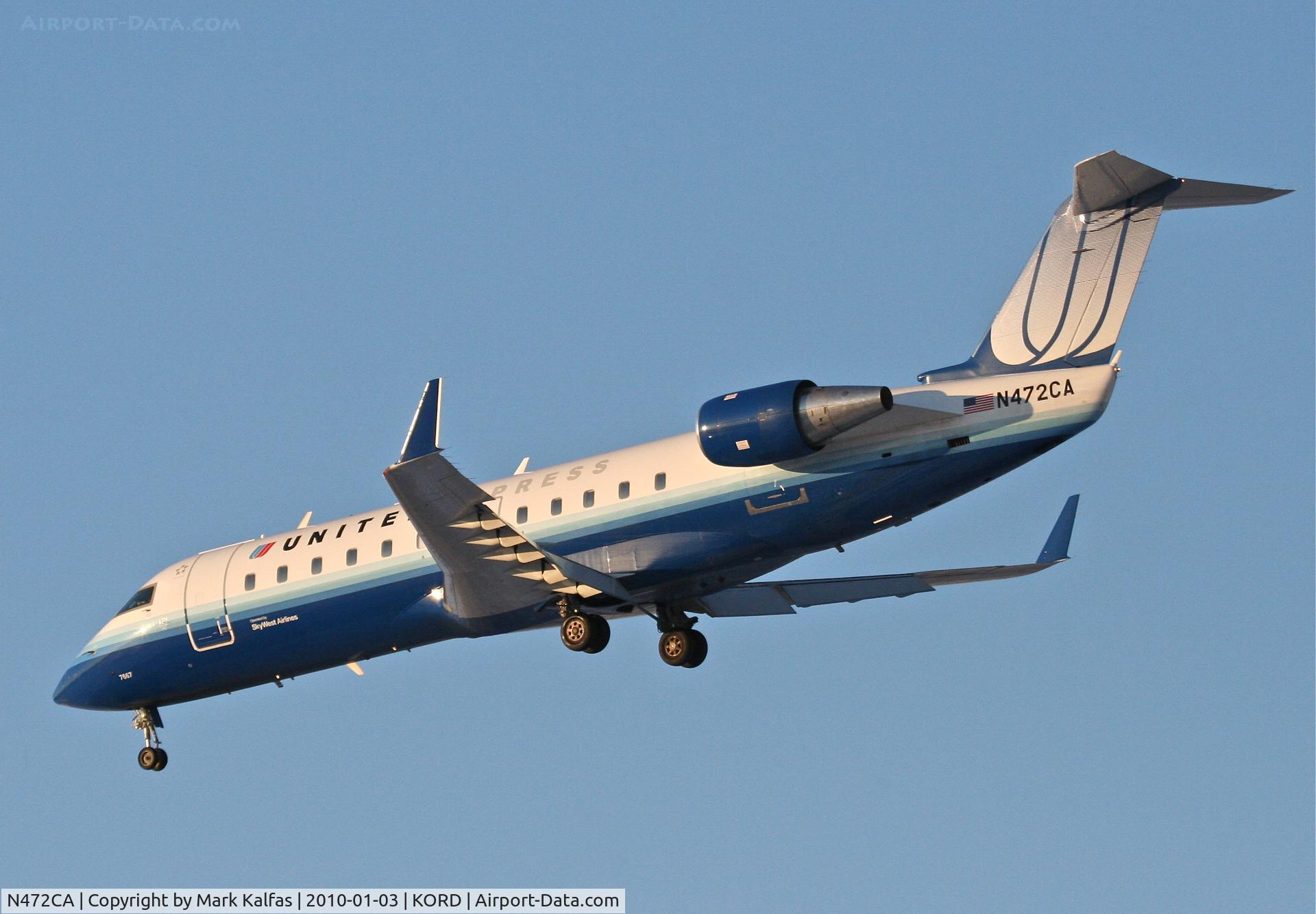 N472CA, 2002 Bombardier CRJ-200ER (CL-600-2B19) C/N 7667, SkyWest/United Express CRJ2, SKW6450, arriving RWY 28 KORD from KLNK.