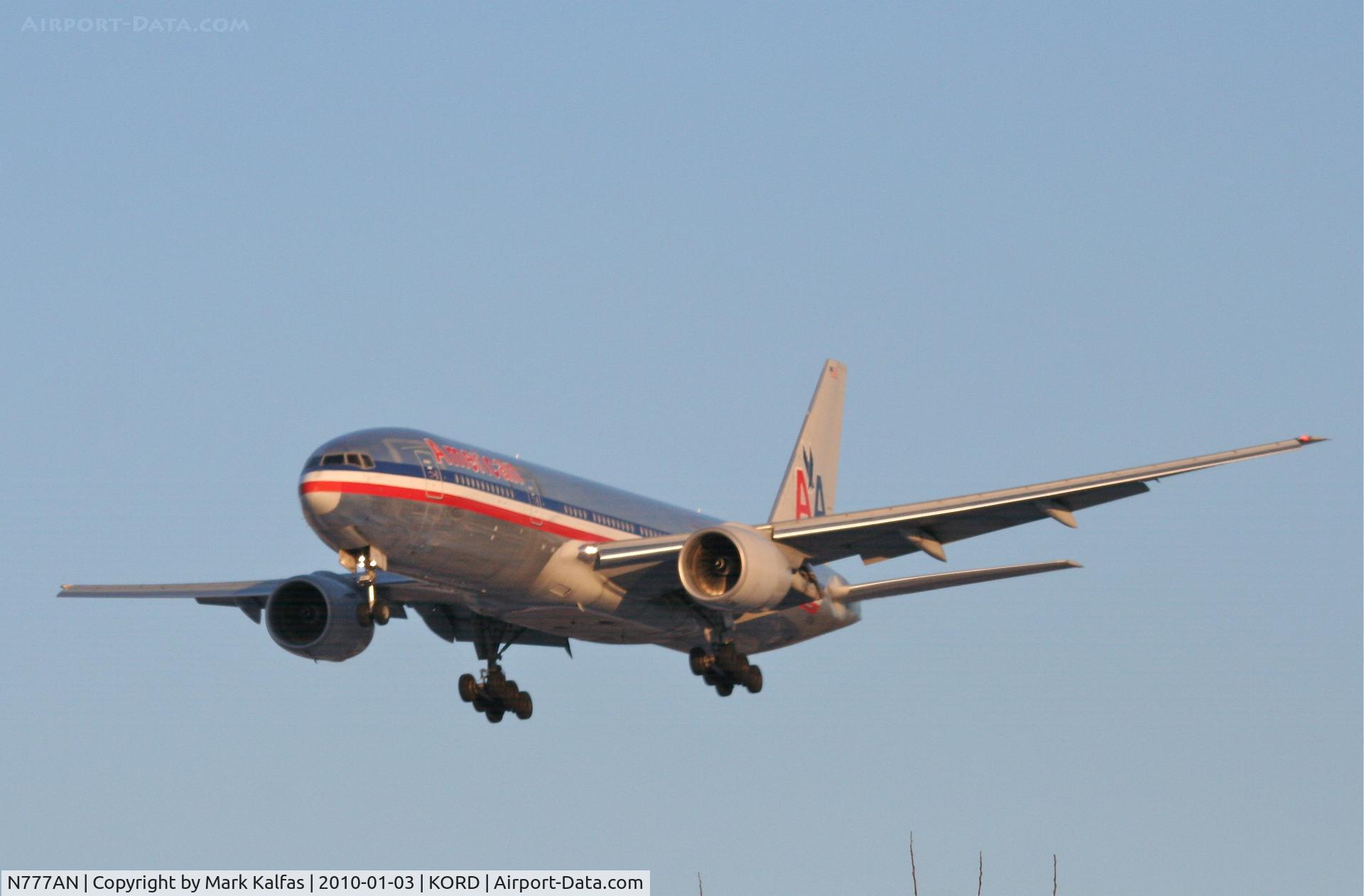 N777AN, 1999 Boeing 777-223 C/N 29585, American Airlines Boeing 777-223, AAL288, arriving KORD RWY 28 from ZSPD (Shanghai).