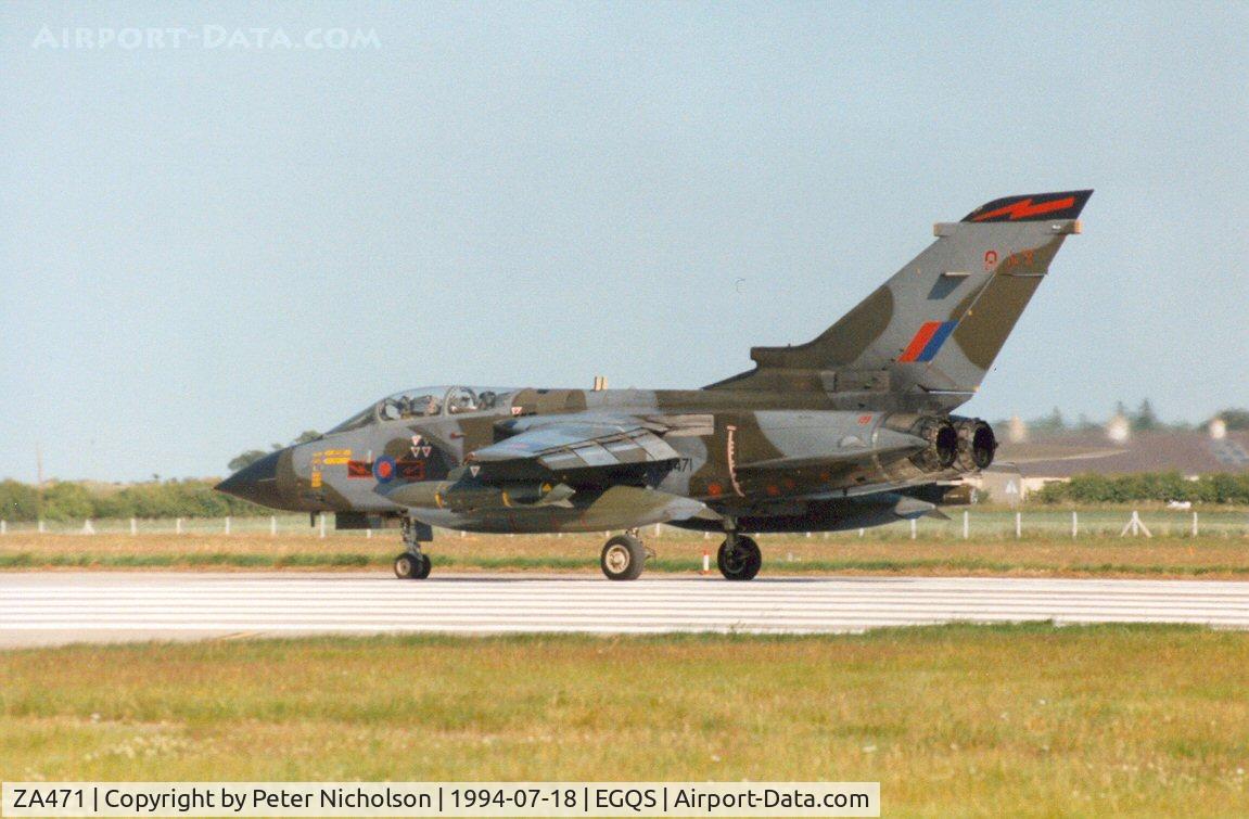 ZA471, 1983 Panavia Tornado GR.1 C/N 293/BS101/3137, Tornado GR.1, callsign Saxon 2, of 617 Squadron preparing for take-off at Lossiemouth in the Summer of 1994.
