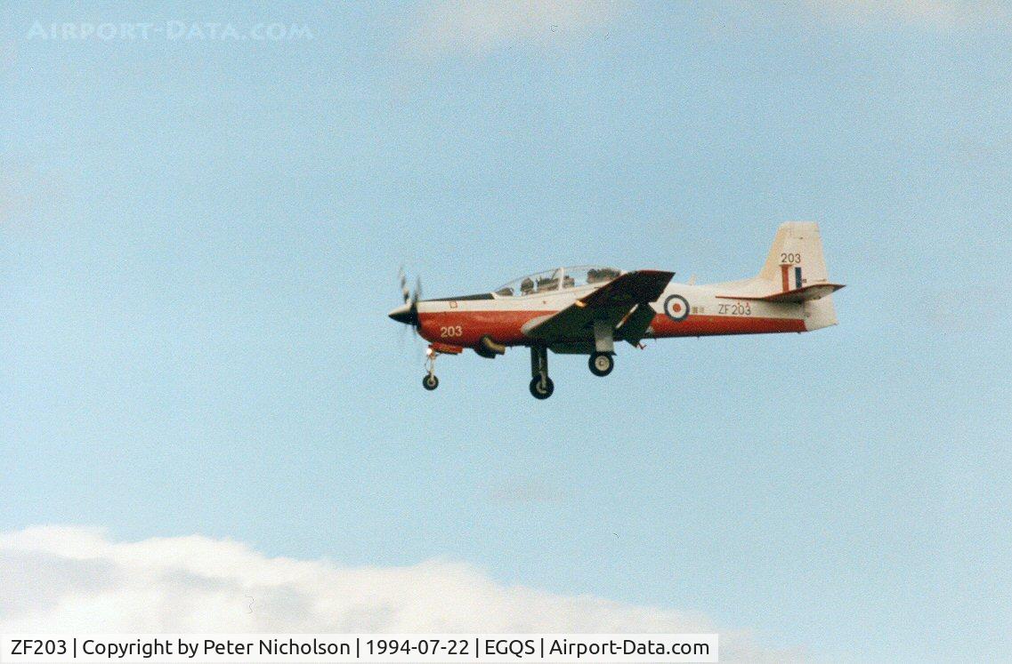 ZF203, 1989 Short S-312 Tucano T1 C/N S028/T28, Tucano T.1 of the Central Flying School arriving at Lossiemouth in the Summer of 1994.