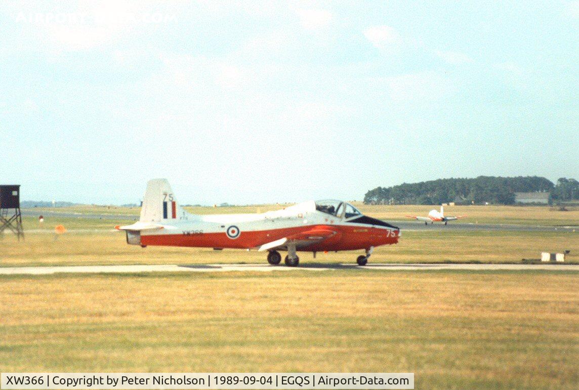 XW366, 1971 BAC 84 Jet Provost T.5A C/N EEP/JP/1016, Jet Provost T.5A of 1 Flying Training School preparing to join the active runway at Lossiemouth in September 1989.