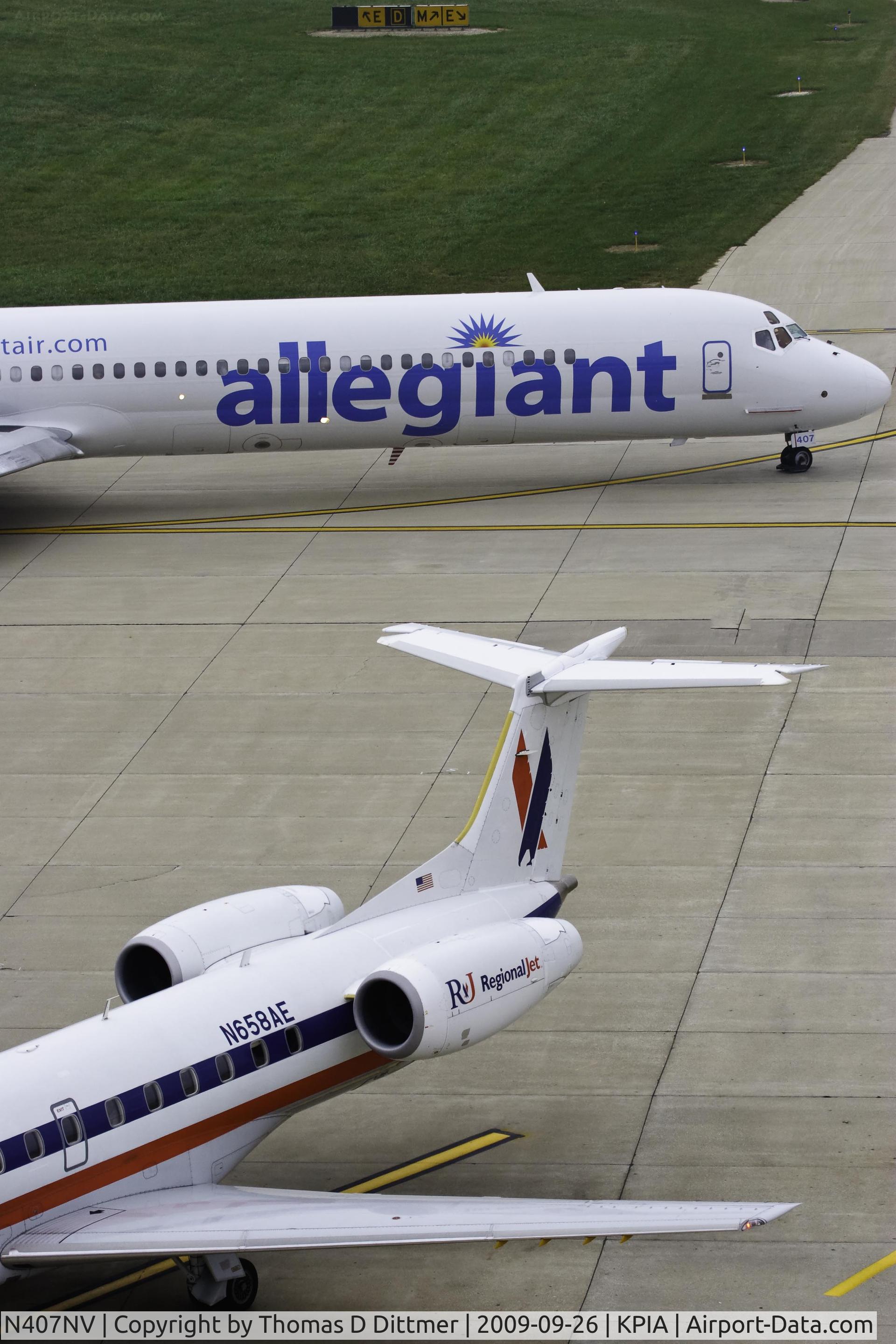 N407NV, 1991 McDonnell Douglas MD-82 (DC-9-82) C/N 53244, Allegiant Airways (N407NV) taxiies past the terminal