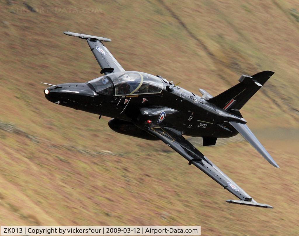 ZK013, 2008 British Aerospace Hawk T2 C/N RT004/1242, Royal Air Force, at the time this and two othere jets were in use for RAF instructor conversion training and based at BAE Warton. Taken at Dunmail Raise, Cumbria.